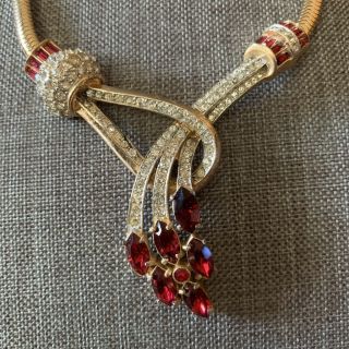 Vintage Corocraft Ruby Red and Crystal Rhinestone Necklace Gold Plated 3