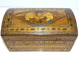 Antique 1815 Napoleonic Prisoner Of War Straw Work Tunbridge Ware Wooden Pow Box