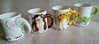 Vintage 1978 Enesco Zoo Animal Cups Mugs Alligator Elephant Giraffe Monkey