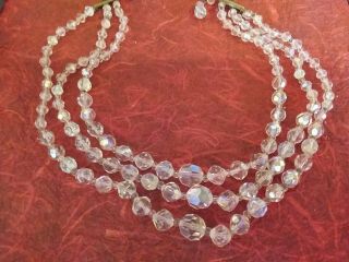 Vintage Aurora Borealis Three Strand Crystal Necklace 1950s