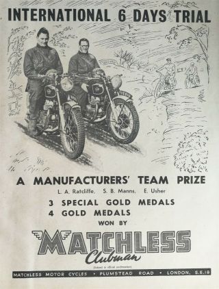 Vintage 1954 Matchless Clubman Motorcycle Full Page Ad