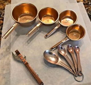 Vtg.  4 Pc.  Set Of Copper - Tone Aluminum Measuring Cups Spoons Travco Wine Opener