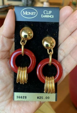 Fabulous Vtg 80s 90s Runway Couture Monet Gold Tone Red Lucite Drop Earrings Nwt