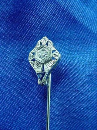 Antique Art Deco Diamond Blue Sapphire 18k White Gold Stick Lapel Pin 1910