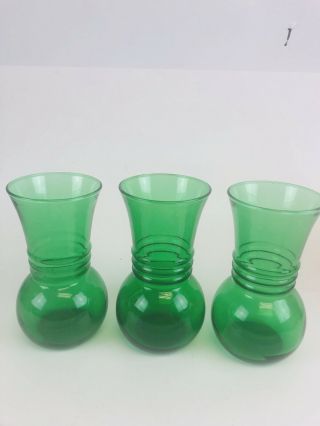 3 Vintage Anchor Hocking Forest Green Glass Ribbed Vase 6 - 1/2 "