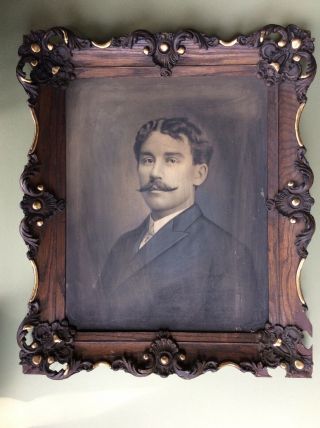 Antique Charcoal Painting Portrait Of Gentleman Wood Ornate Frame 16x20