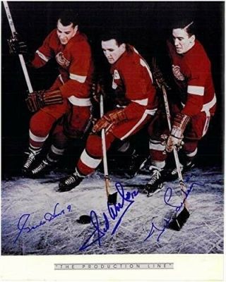 Gordie Howe,  Sid Abel,  And Ted Lindsay Autographed Production Line 8x10 Photo -