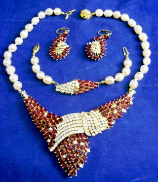 Vintage Japan Red Rhinestone & Pearl Parure Set - Necklace Earrings Bracelet