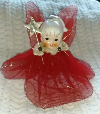 Vtg Holt Howard Angel Christmas Tree Topper? Porcelain Red Mesh Ornament Japan