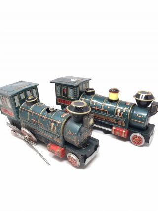2 Vtg Tin Trade Mark Modern Toys Western Train Engine Locomotive Made In Japan