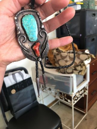 Vintage Navajo Sterling Silver Bennett Turquoise Coral Mens Bolo
