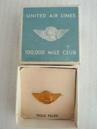 Vintage United Air Lines 100,  000 Mile Club Gold Plated Brass Lapel Pin