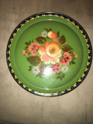 Vintage Toleware Round Tray Hand Painted Green Floral Roses Vintage No.  8