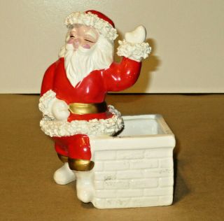 Vintage Ceramic Christmas Planter Santa Claus At Chimney 1950s Japan