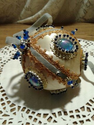 Vintage Handmade Christmas Ornament Sequins Beads Velvet Blue Gold Silver