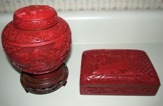 (2) Antique Chinese Red Lacquer Cinnabar Trinket Box & Jar W/ Lid Euc