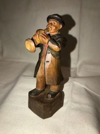 Vintage.  Italian Anri Wooden Hand - Carved Man Playing Horn,  Figurine Musician 5”