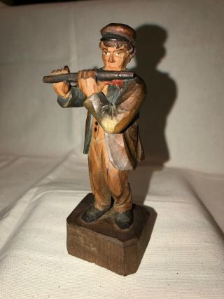 Vintage Italian Anri Wooden Hand - Carved Man Playing Flute,  Figurine Musician 5”
