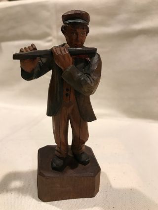Vintage Italian Anri Wooden Hand - Carved Man Playing Flute,  Figurine Musician 5” 2