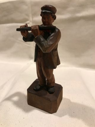 Vintage Italian Anri Wooden Hand - Carved Man Playing Flute,  Figurine Musician 5” 3