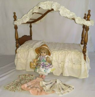 Antique 7.  5in Ginny Doll W/ Clothing,  Accessories,  Canopy Bed & Linens.  Vg Cond.
