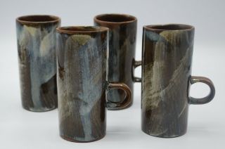 Vintage Stoneware Espresso Mugs Set Of 4 Blue Brown Glaze Caffe D 