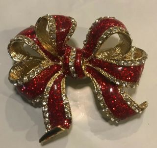 Vintage Costume Fashion Jewelry Brooch Lapel Pin Christmas Bow Red/white Crystal