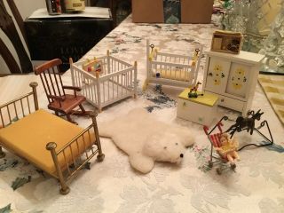 Vintage Dollhouse Baby Crib Nursery White Wood Furniture