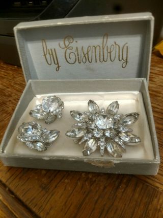 Vntg Eisenberg Set Clear Sparkling Rhinestones Pin & Earrings