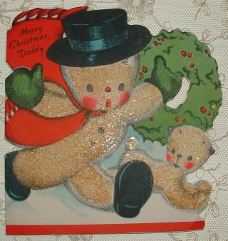 Heavily Glittered Snowman,  Dog - 1945 Vintage Christmas Card