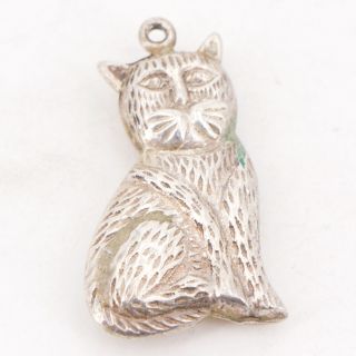 Vtg Sterling Silver - Etched Kitty Cat Animal Solid Pendant - 3g