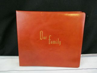 Vintage Brown Cowhide Leather Our Family Photo Album Gold Lettering Record Plan