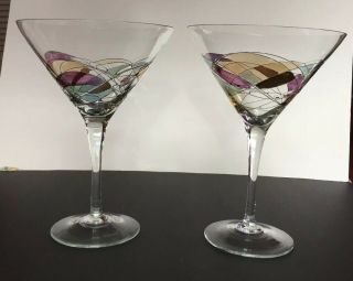 2 - Vintage Retired Calypso Mosaic Stained Glass Martini Margarita Glasses