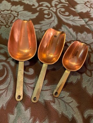 3pc Vintage Copper Measuring Scoop Set W/ Brass Handles - 2,  3 & 7 Oz