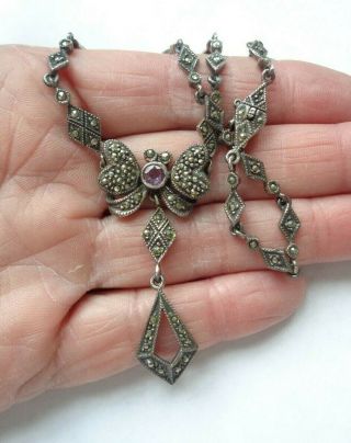 Vintage Sterling Silver 925 Marcasite Purple Amethyst Butterfly Necklace