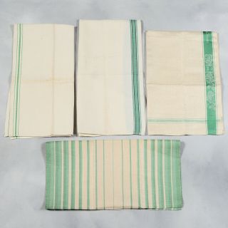 4 Vintage Linen Tea Towels - White With Green Borders Or Stripes