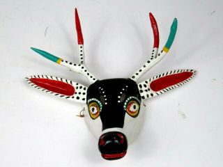 Vtg Hand Carved Painted Wood Gazelle Mask Deer Antlers Figural Carpintero Mexico