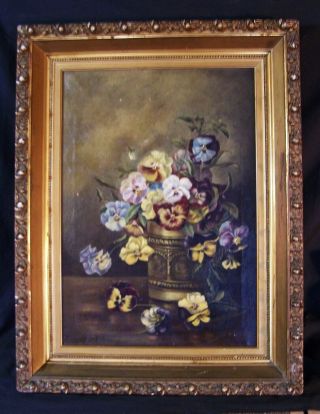 Antique Orig Oil Painting On Canvas Flowers Pansies Still Life Gold Gesso Frame