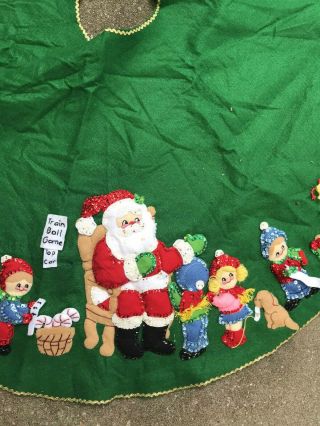 Vintage Christmas Tree Skirt With Santa Toys Elf Felt Sequin Completed Bucilla