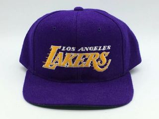 Vintage 90s Los Angeles Lakers Starter Script Snapback Hat Purple Gold Wool 1990