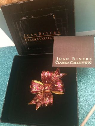 Joan Rivers Vintage Gold Tone Crystal Enamel Purple Bow Pin Brooch W/cert/box