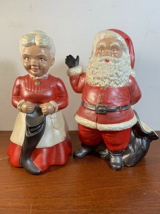 Vintage 1973 Duncan Ceramic Christmas Santa And Mrs.  Claus Toy Bag Figures - Guc