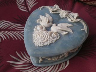 Vintage Incolay Stone Blue Jewelry Box,  Handcrafted Usa - Heart Shaped.