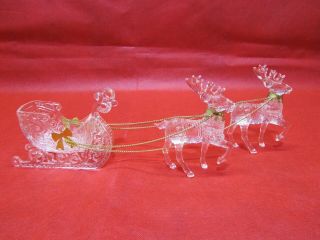 Vintage Clear Plastic 2 Acrylic Reindeer With Sleigh Christmas Figurine
