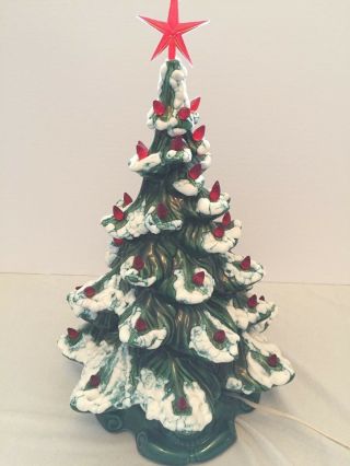 Vintage 17 " Ceramic Light Up Christmas Tree Flocked Snow Red Bulbs & Star