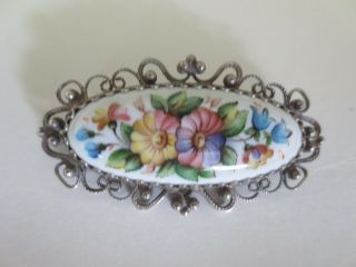 Vintage Italian Hand Painted Porcelain Pendant,  In Silver Frame