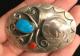 Vintage Native American Sterling Turquoise Red Coral Belt Buckle Signed