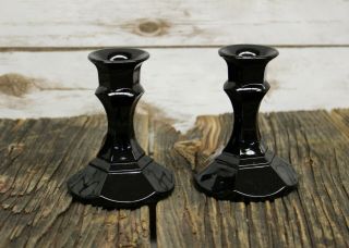 Vintage Tiara Black Amethyst Candle Holder Set Black Glass Candlesticks