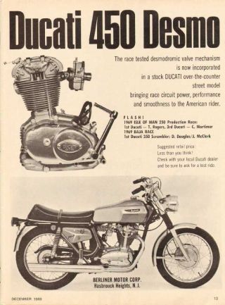 1969 Ducati 450 Desmo Desmodromic Valve Vintage Motorcycle Ad