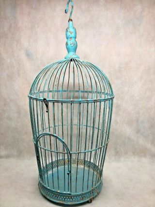 Vintage Blue Metal Bird Cage Large 23 " Tall Oval Shape Hinged Top Door W Hook